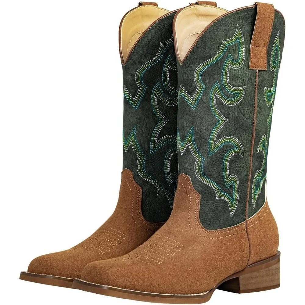 SheSole Woman Green Square Toe TwoTone Cowboy Boots Cowgirl Riding Western - Picture 1 of 6